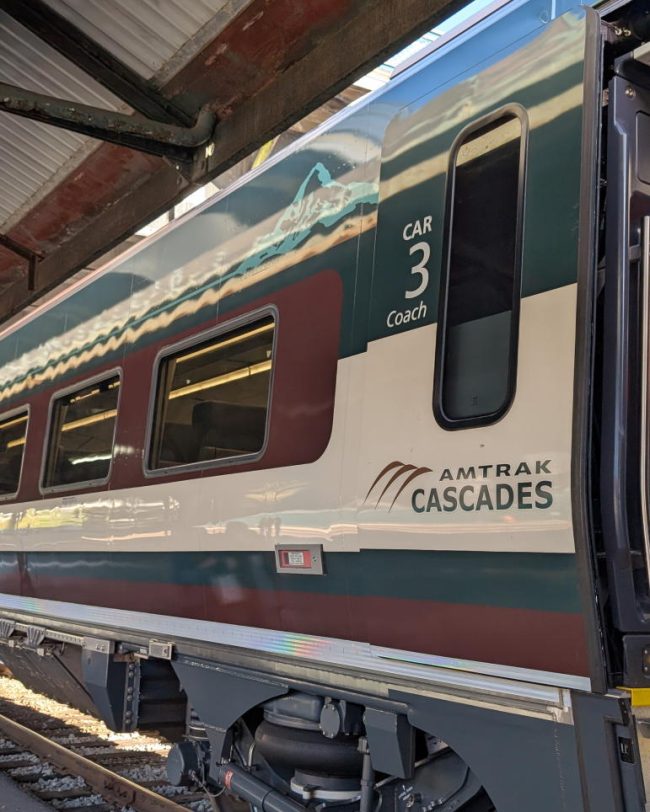 exterior of Amtrak Cascades train coach car