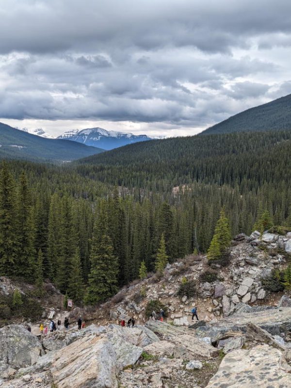 landscape of rocks, trees, and mountains on a cloudy day on Moraine Lake Trail in the Canadian Rockies